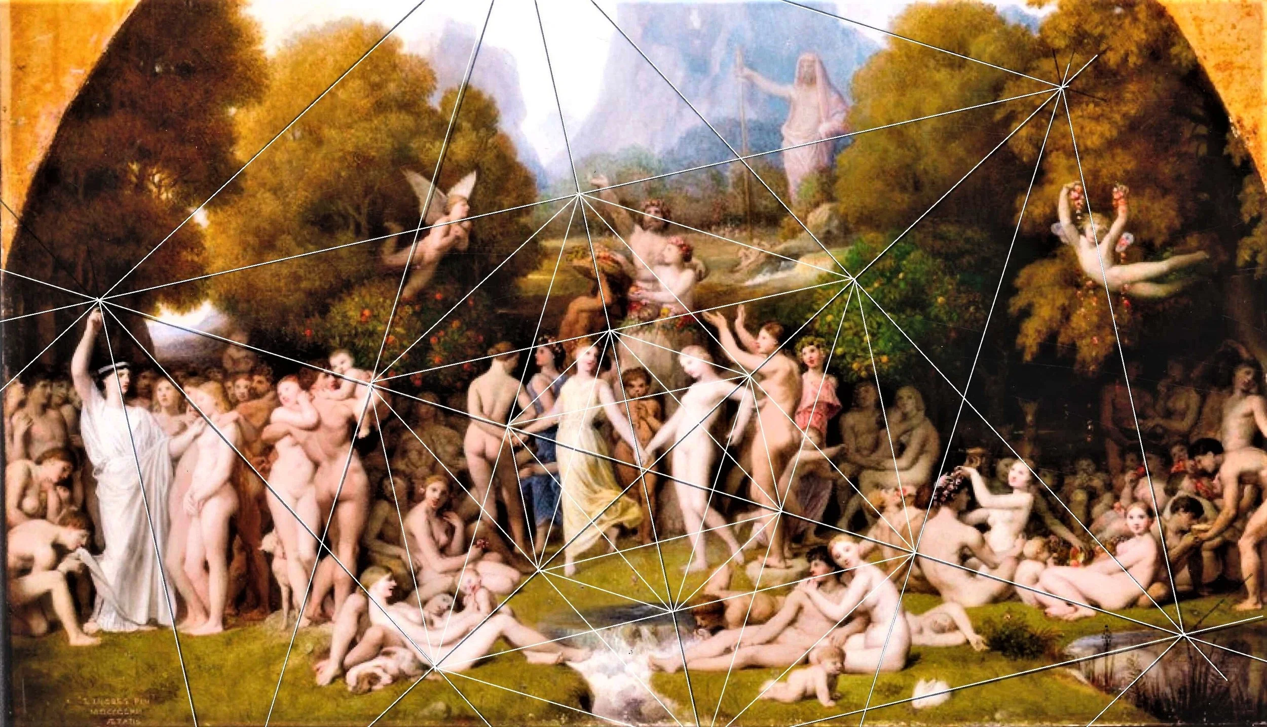 Classical painting of the biblical story of Adam and Eve in the Garden of Eden, with numerous nude figures, trees, and a landscape background, overlaid with network lines.