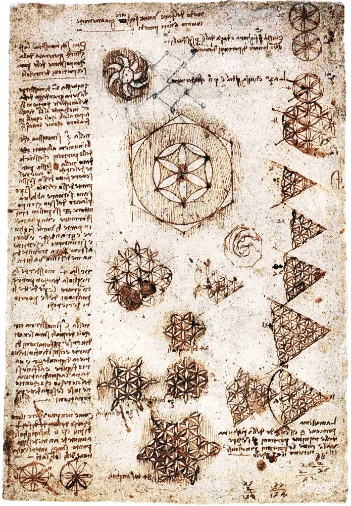 Sketches of geometric shapes and patterns, including circles, hexagons, and triangles, with handwritten notes and annotations in Italian around the edges.