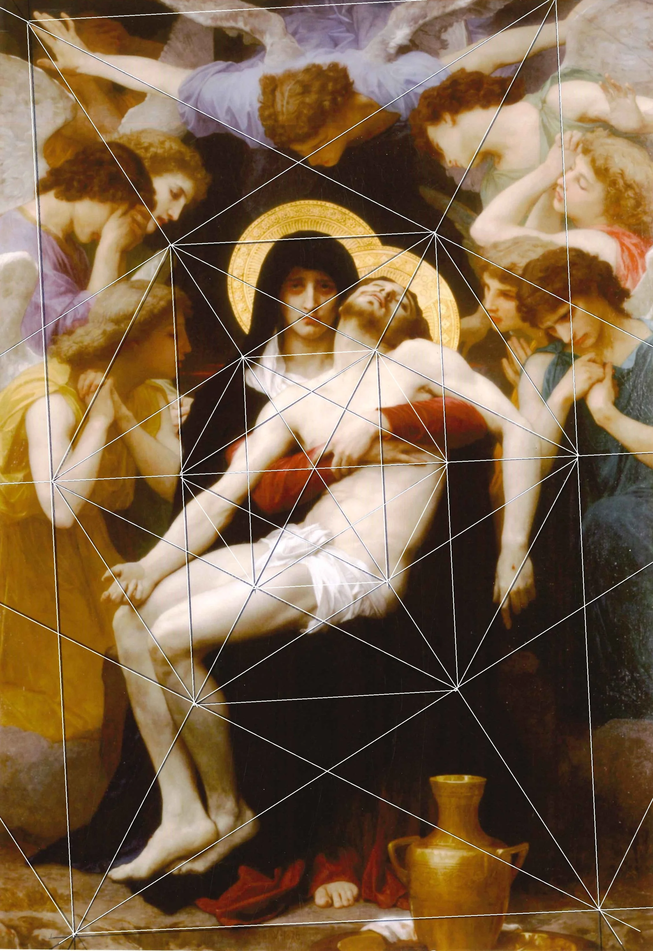 Painting of the Christian biblical scene of the body of Jesus Christ after crucifixion, surrounded by mourners, with a halo around Jesus' head, depicting the Pietà.