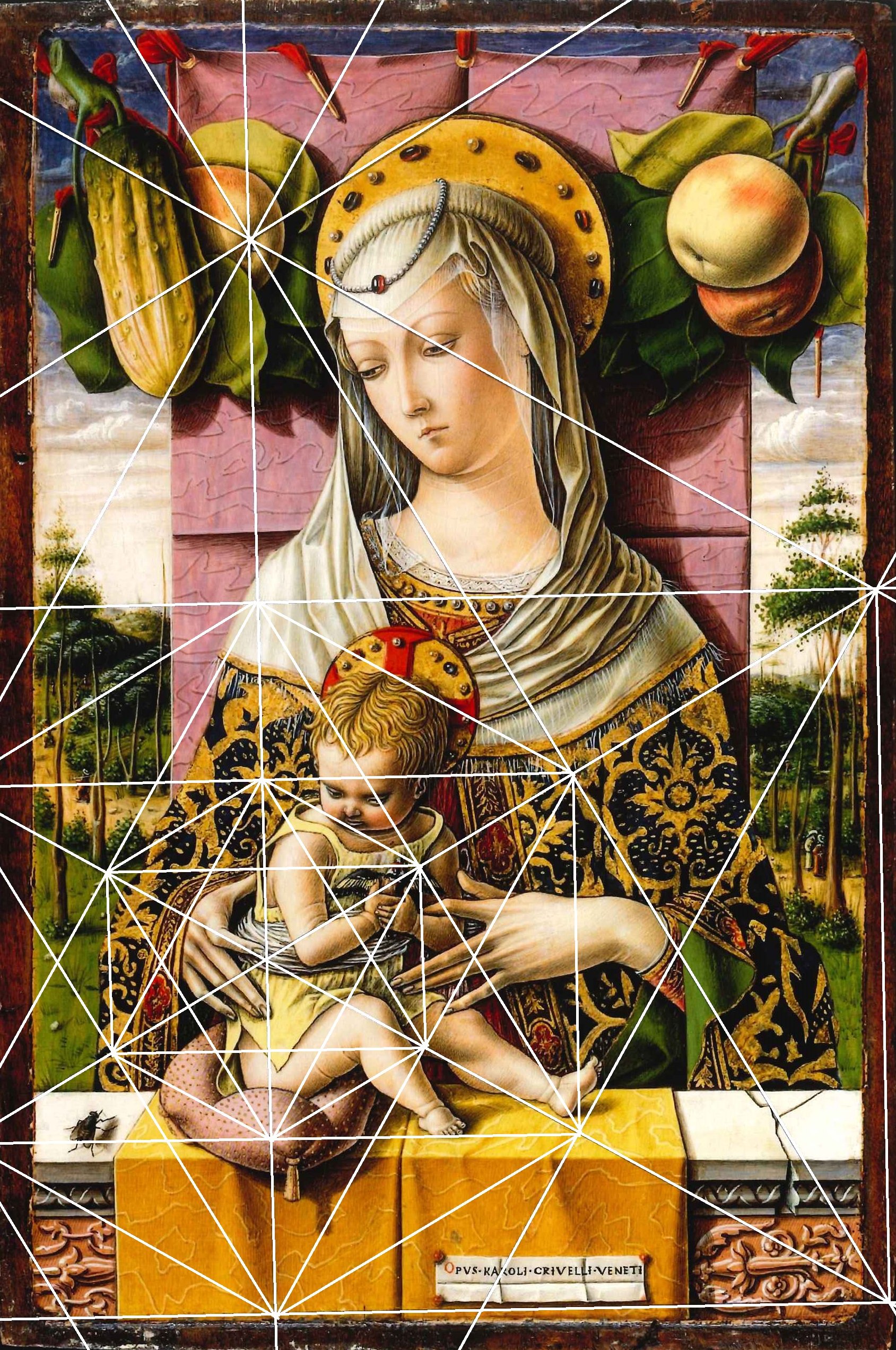 A religious painting depicting the Madonna and Child, featuring detailed floral and landscape background, with a nearly symmetrical floral geometric pattern overlay.