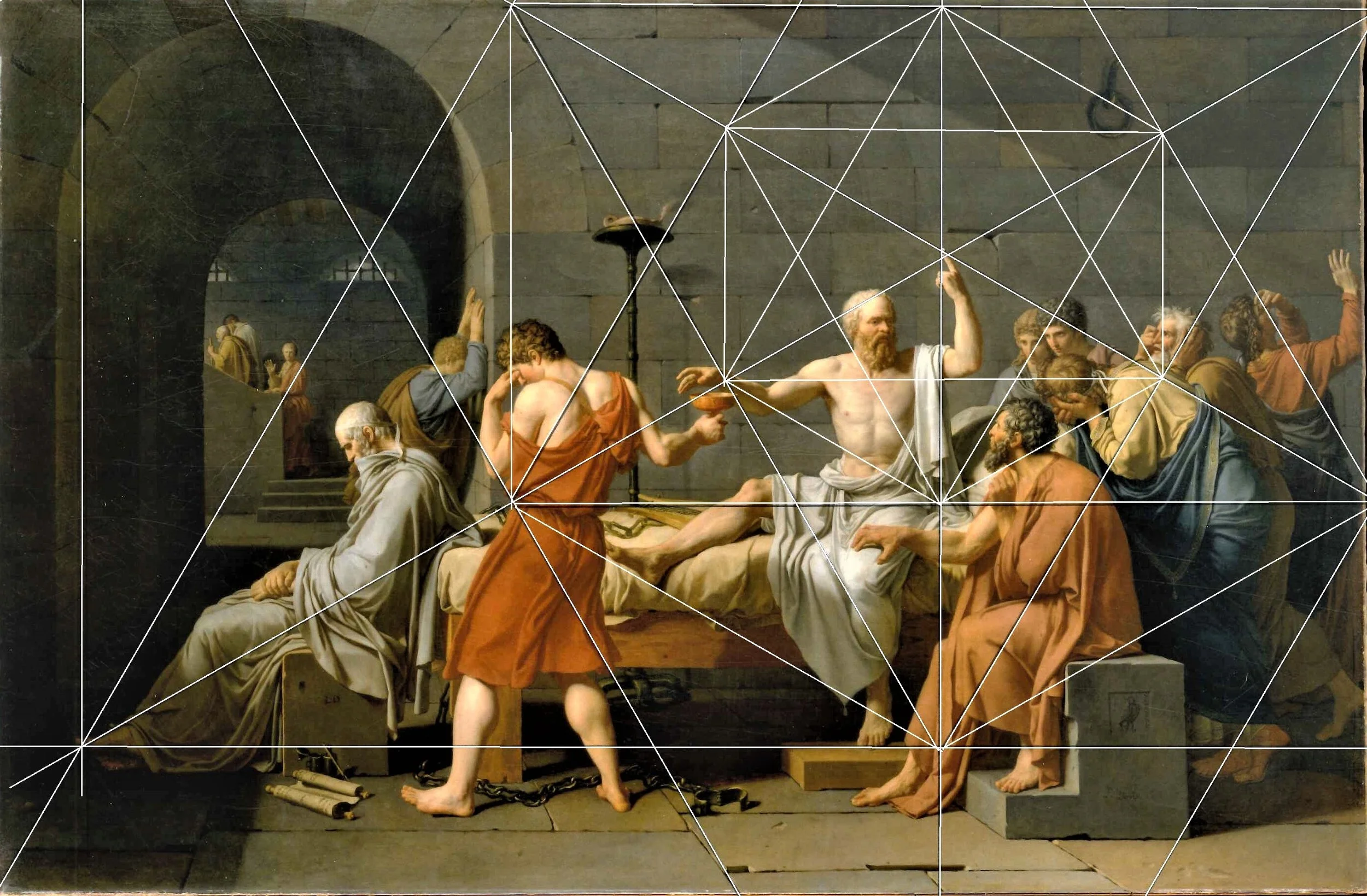 A classical painting depicting the death of Socrates, with Socrates calmly drinking poison, surrounded by his disciples and followers in ancient Greek attire.