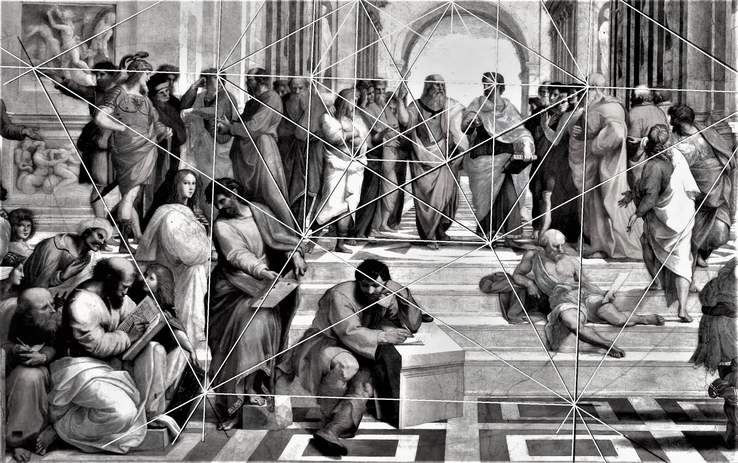 Black and white painting depicting a historical scene with multiple people, some seated and some standing, in a grand architectural setting with arches. The scene includes a central figure writing at a desk, surrounded by others engaged in various activities.