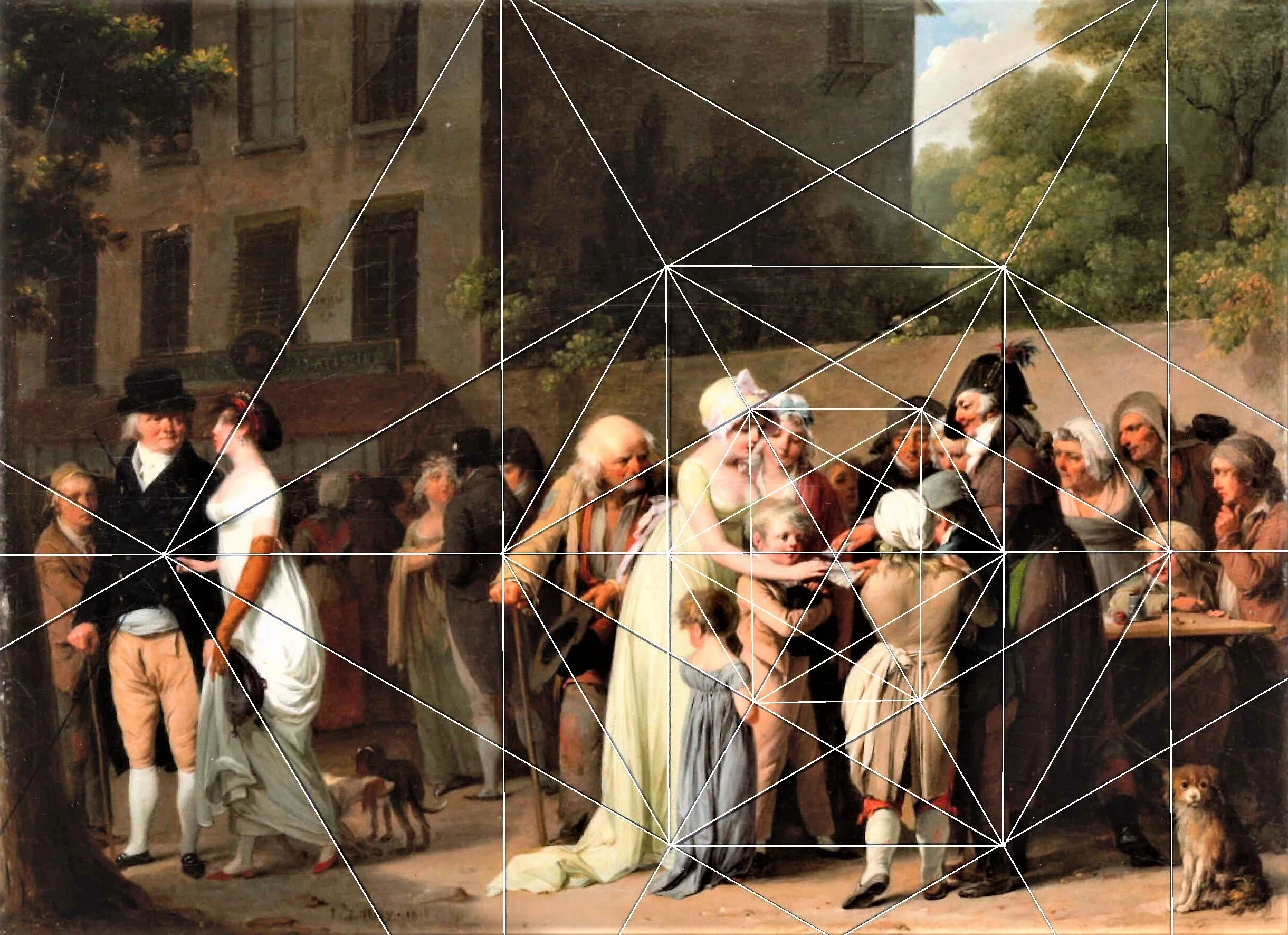 A historical scene with a crowd of people dressed in 18th-century clothing, including men, women, and children, engaging in a social gathering outdoors. Some are talking, while others appear to be listening or watching something. There are buildings and trees in the background.