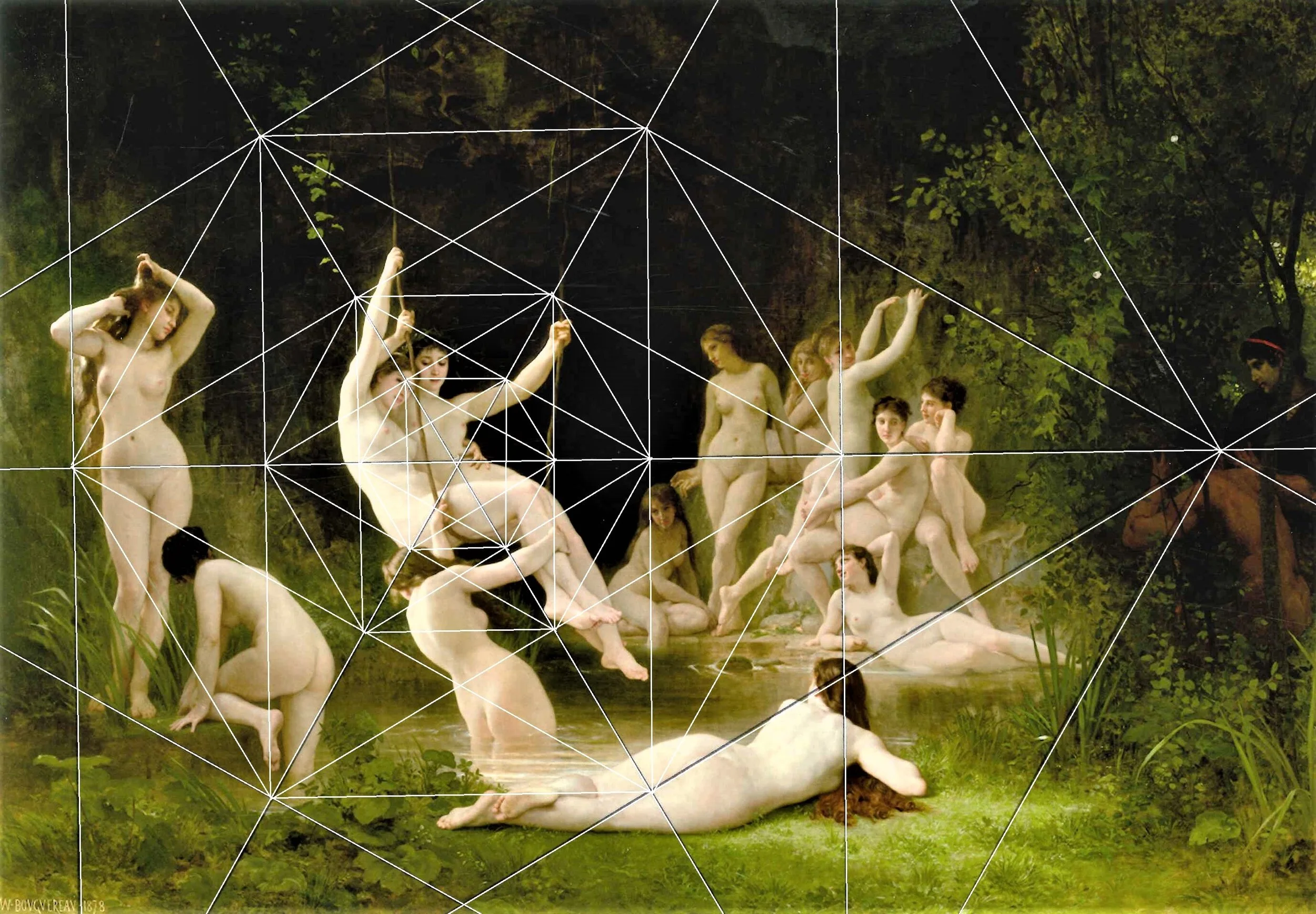 A classical painting of nude women by a pond, with a woman lying on the grass in the foreground, surrounded by others sitting and standing, amid lush green trees.