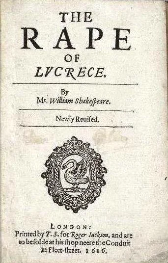Title page of William Shakespeare's play 'The Rape of Lucrece,' printed in 1616, featuring a decorative emblem of a swan.