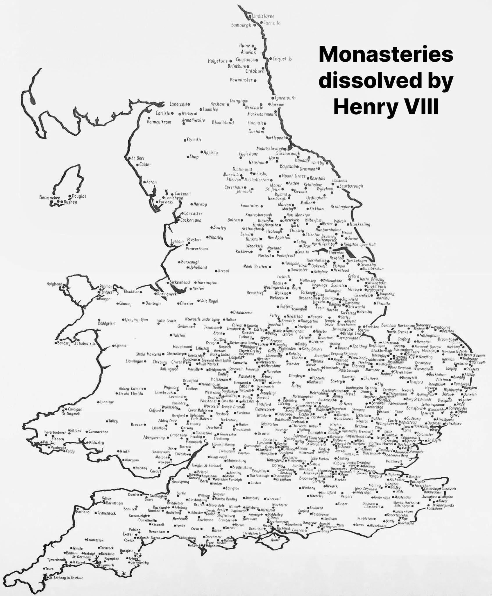 Map of England showing monasteries dissolved by King Henry VIII. The map displays detailed locations of monasteries across the country with labels.