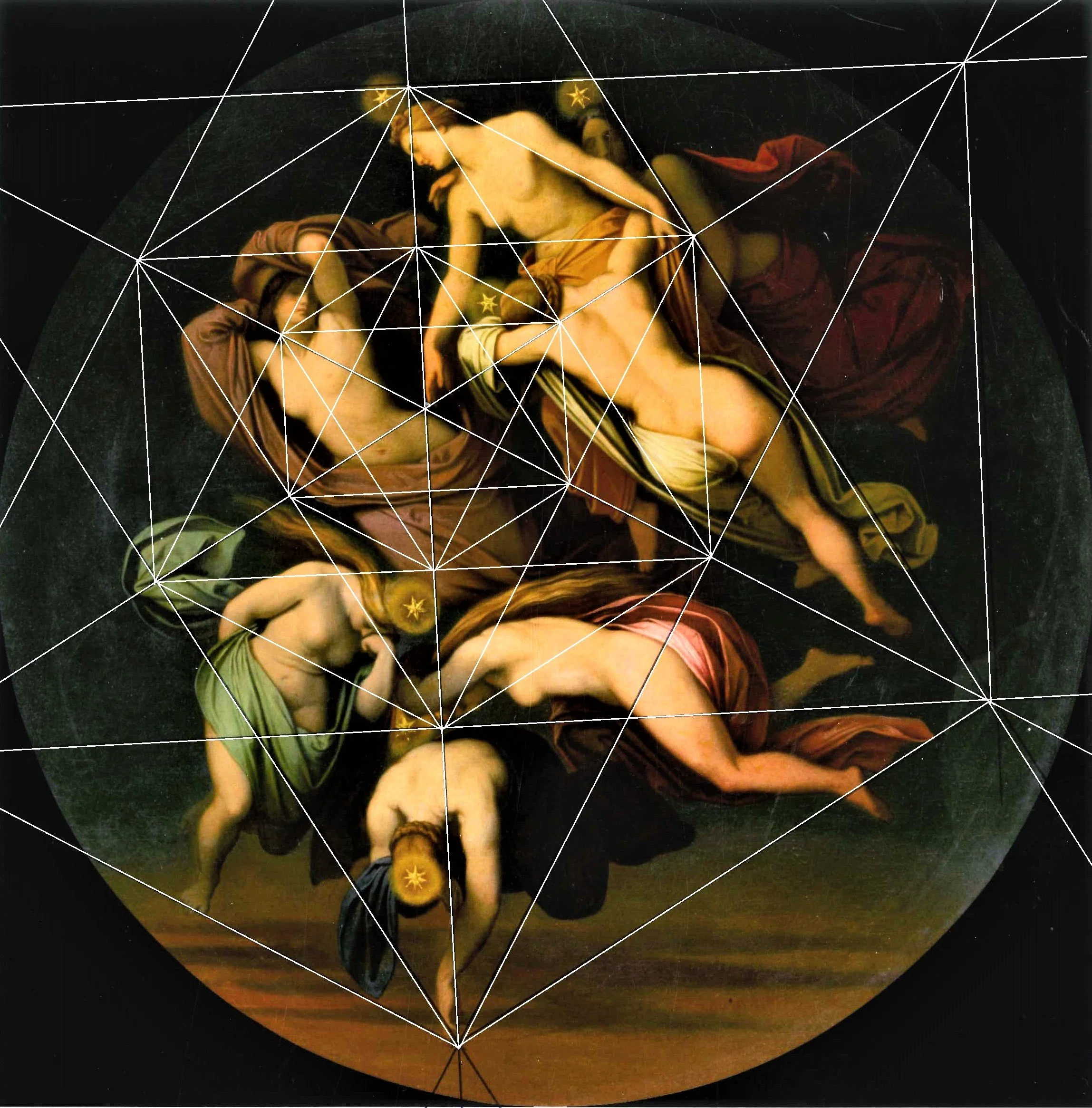 A classical religious painting of the resurrection of Jesus Christ, with figures emerging from a dark background, overlaid with geometric lines and star shapes.