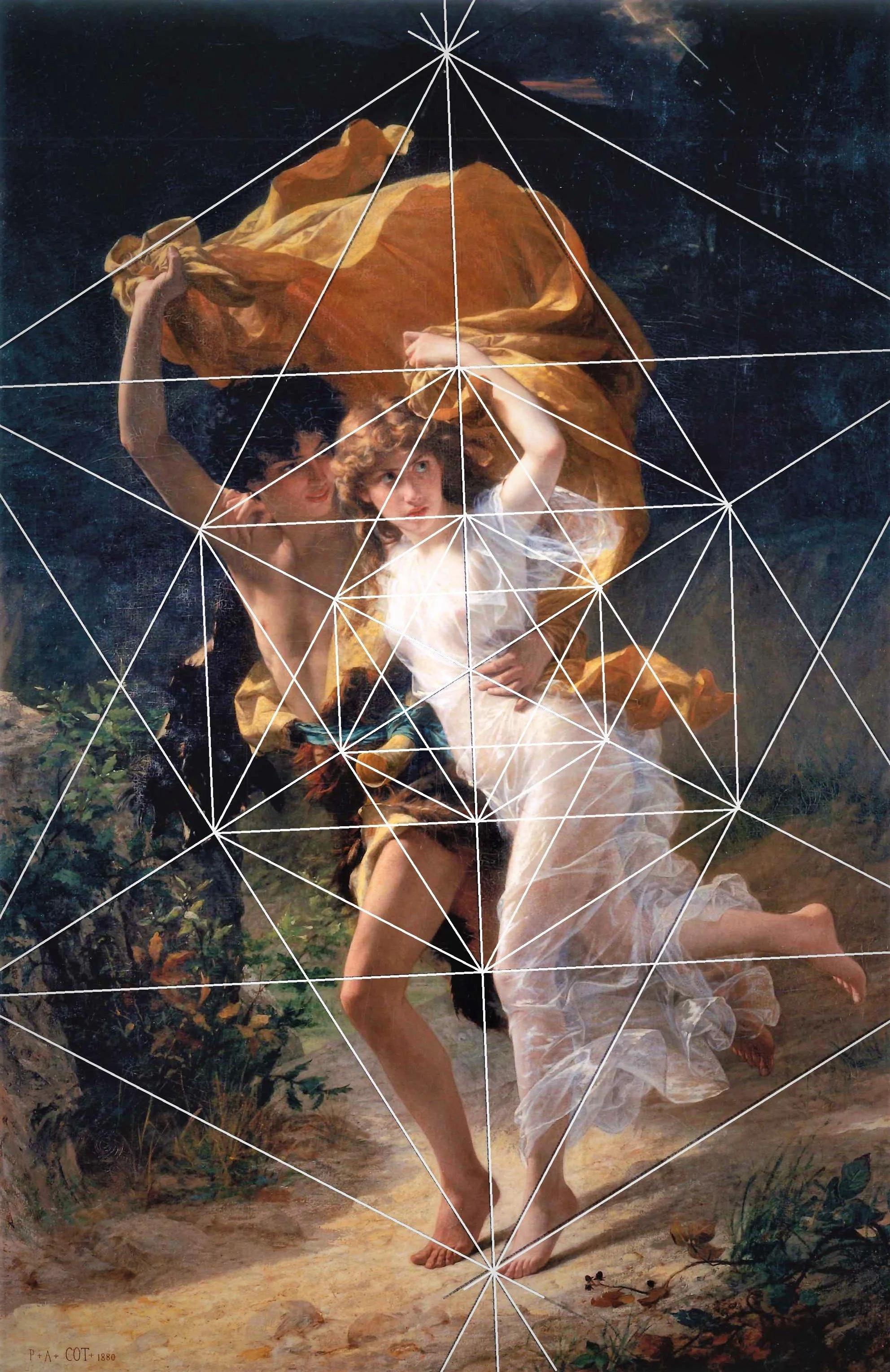 Two children, a boy and a girl, dancing outside on a path surrounded by plants, under a nighttime sky with stars, with geometric line overlays.