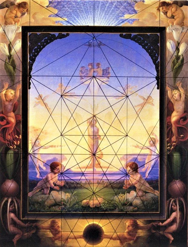 A richly decorated painting with angels and cherubs on the borders, a central depiction of a woman in the sky surrounded by radiant clouds, with two children sitting on the grass looking at a geometric pattern overlay. The scene is illuminated with warm, divine light.