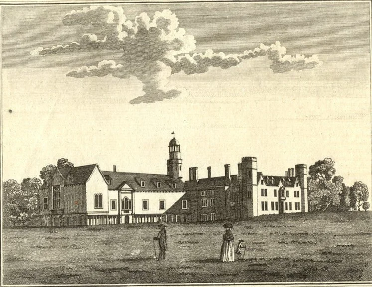 A black and white illustration of a historic castle or government building with several towers and a central chimney, located on a grassy area with three people, one man and two women, walking in front of it, and a cloudy sky overhead.