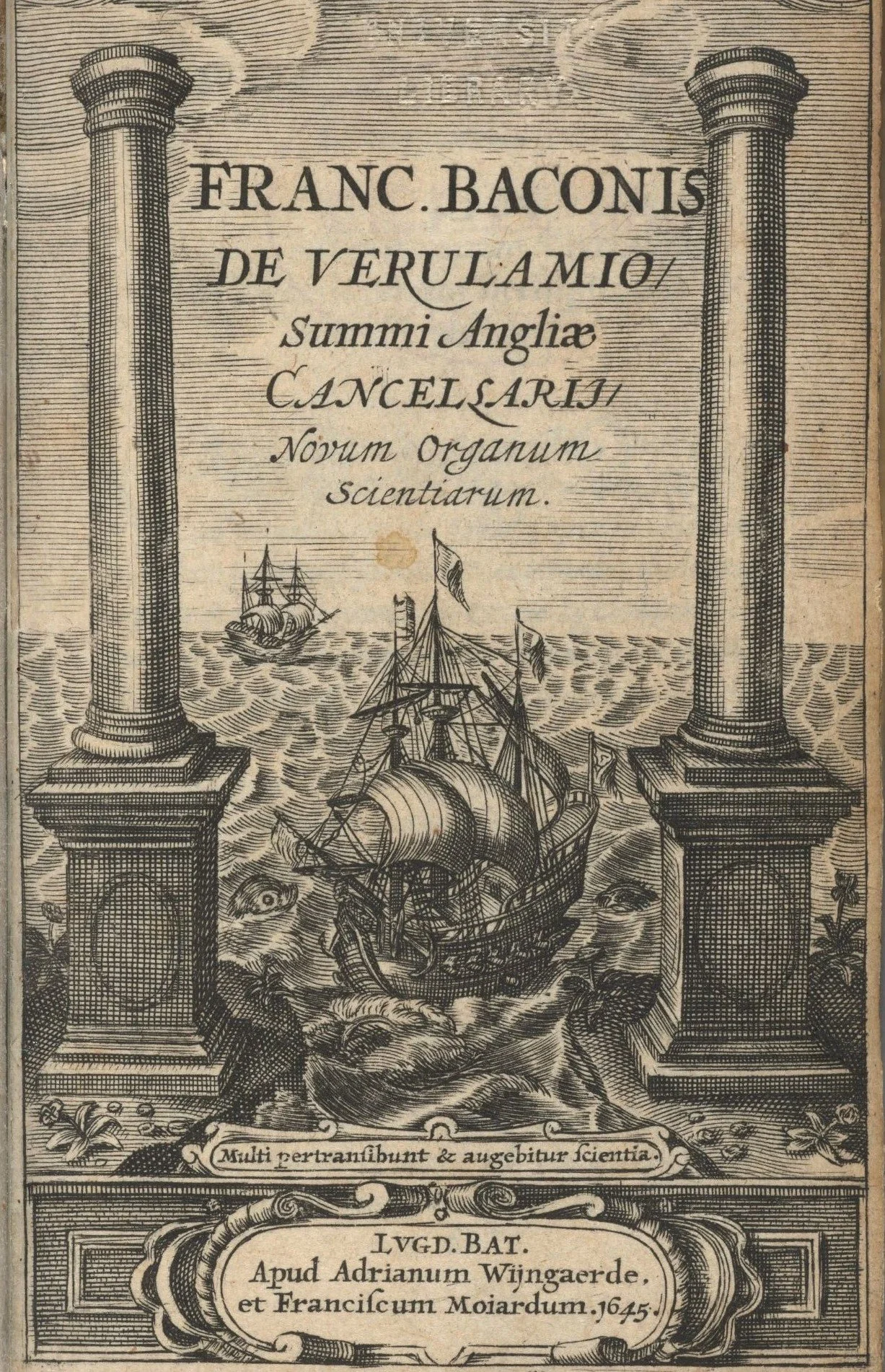 Historical book cover titled "Franc. Baconis de Verulamio" with illustrations of ships and pillars, Latin text.