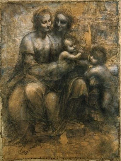 A sepia-toned sketch of two women sitting together with three children around them, one woman holding a child, while two children interact with the women.