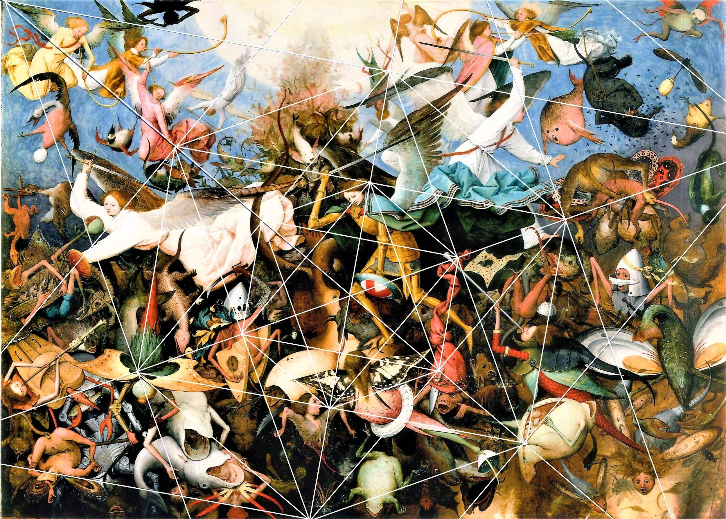 A complex, surreal painting with many fantastical and bizarre creatures, figures, and elements intertwined across the canvas. There are angels, animals, human figures, and mythical beings in a chaotic arrangement.