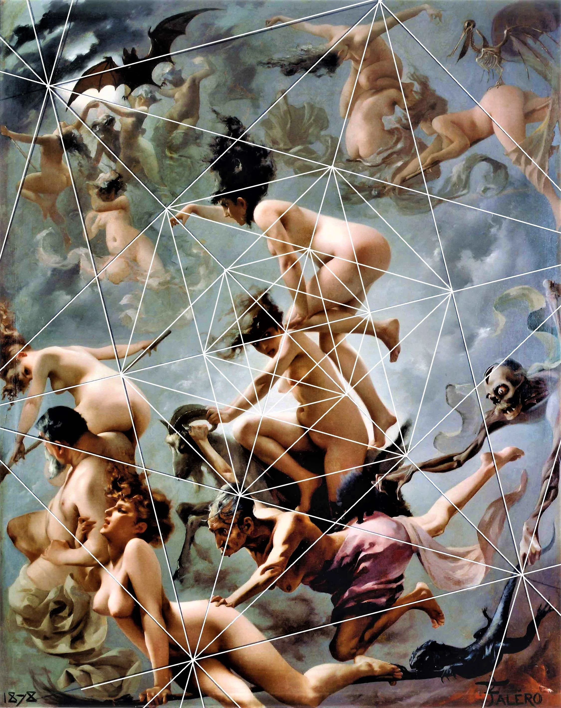 A surreal painting depicting mythological and fantastical figures, partially obscured by white geometric lines forming a web, with humanoid bodies, mythical creatures, and dark stormy clouds in the background.