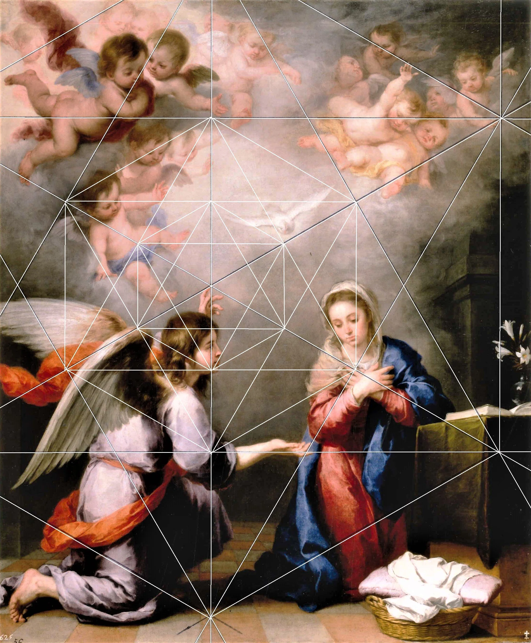 A religious artwork depicting the Annunciation, with the angel Gabriel kneeling and extending a hand towards the Virgin Mary, who is praying with hands crossed over her chest, surrounded by cherubs and angels in the sky.