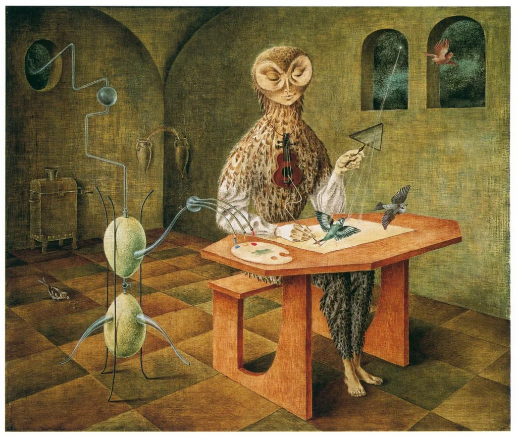 A surreal painting of an anthropomorphic owl with a human body, seated at a desk. The owl's head has closed eyes and a calm expression. The owl holds a drawing tool in one wing and a triangular set square in the other. On the desk, there are four birds flying around, and a painter's palette. To the left, there is a quirky, abstract mechanical sculpture with curved tubes and spheres. The background features arched windows with a bird flying outside and a clock with a single hand on the wall, all set in an indoor room with a checkered hardwood floor.