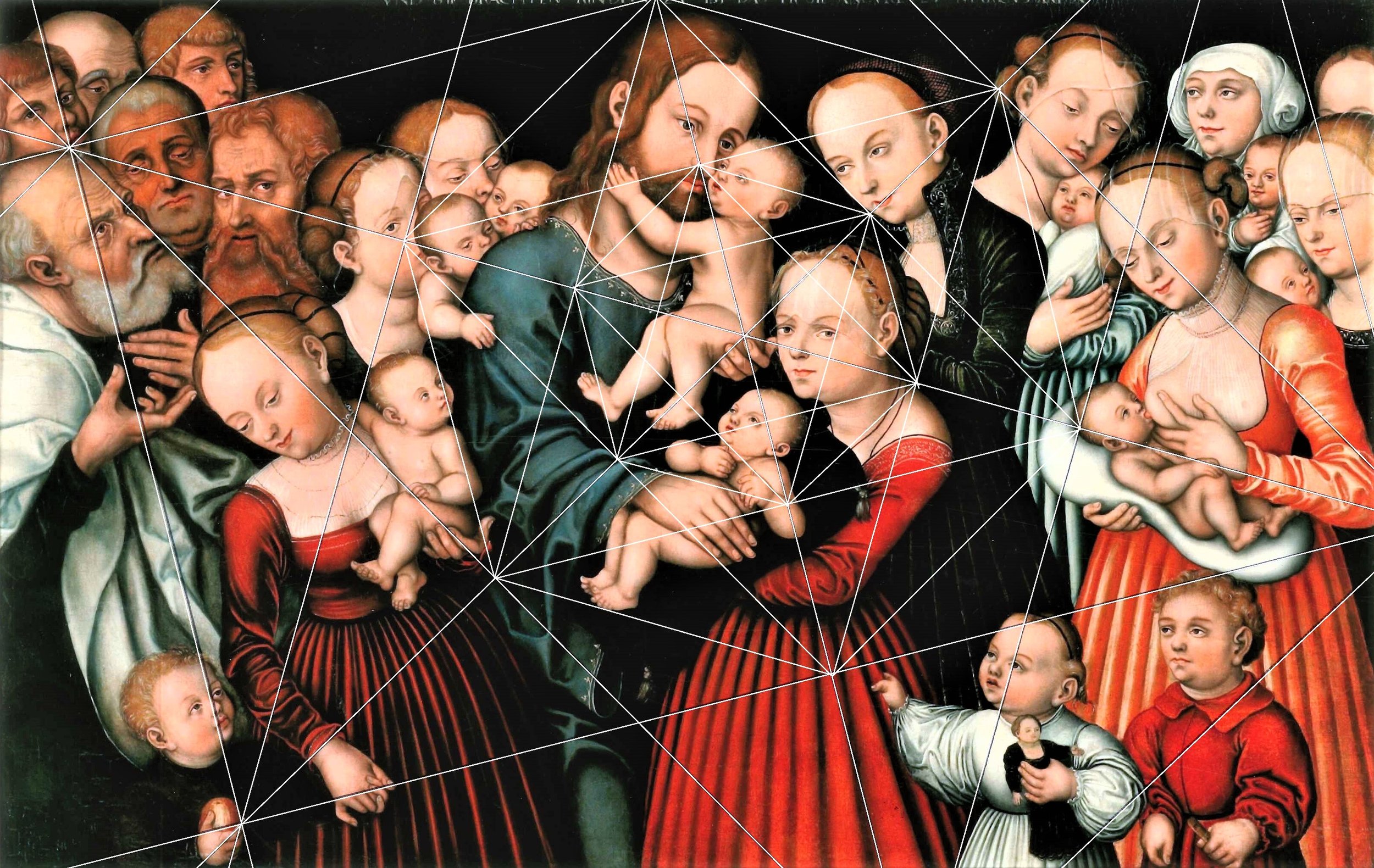 A religious artwork depicting the Virgin Mary surrounded by angels and children, with Christ at the center, as seen in Renaissance style.