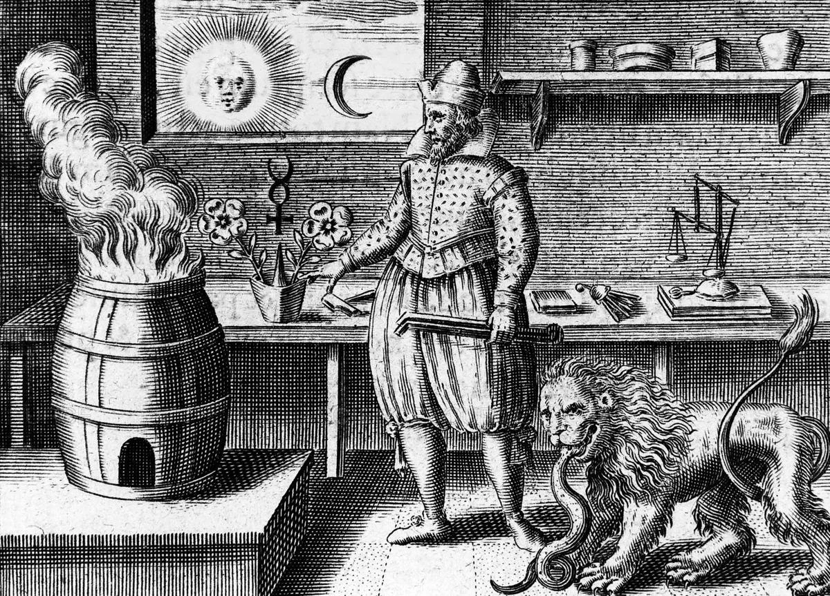 An old illustration depicting a man in historical clothing with a lion and a snake. The man appears to be performing an experiment or magical act involving a bubbling fire in a barrel, with a plant nearby. The background shows the sun with a face and a crescent moon, along with shelves holding various objects, and a balance scale on the counter.