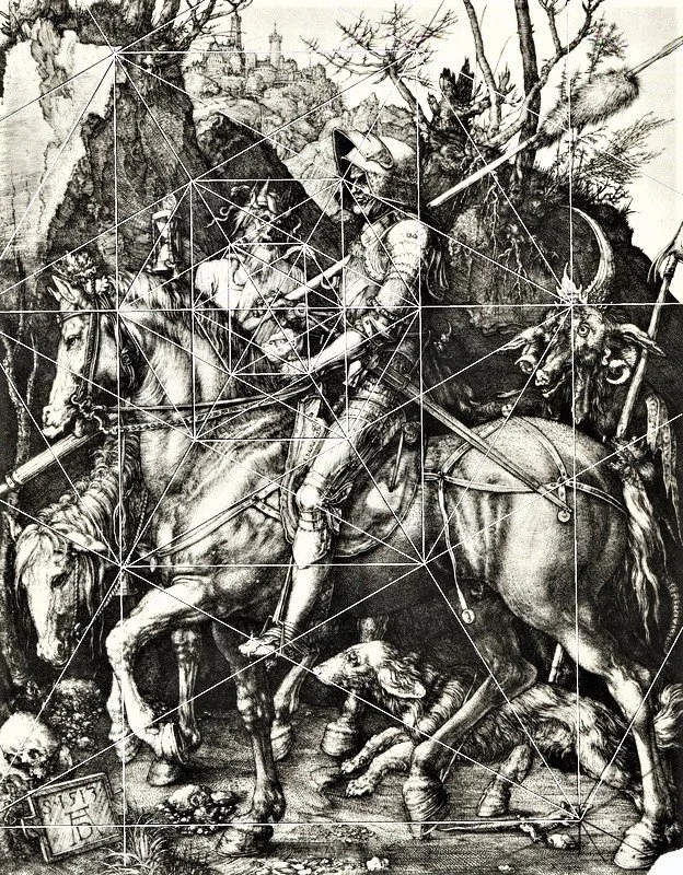 A detailed drawing of Saint George slaying a dragon. Saint George is on horseback, wielding a spear, with a castle or city in the background and evidence of a battle scene around him.
