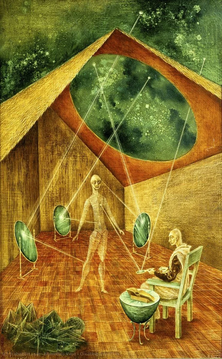 A surreal painting of a room with an open ceiling showing a starry sky. Inside, there are two humanoid figures with elongated limbs and exaggerated features, one standing and one sitting. The room contains three green mirrors connected with lines, and a small table with an open book. Art appears mystical and abstract.
