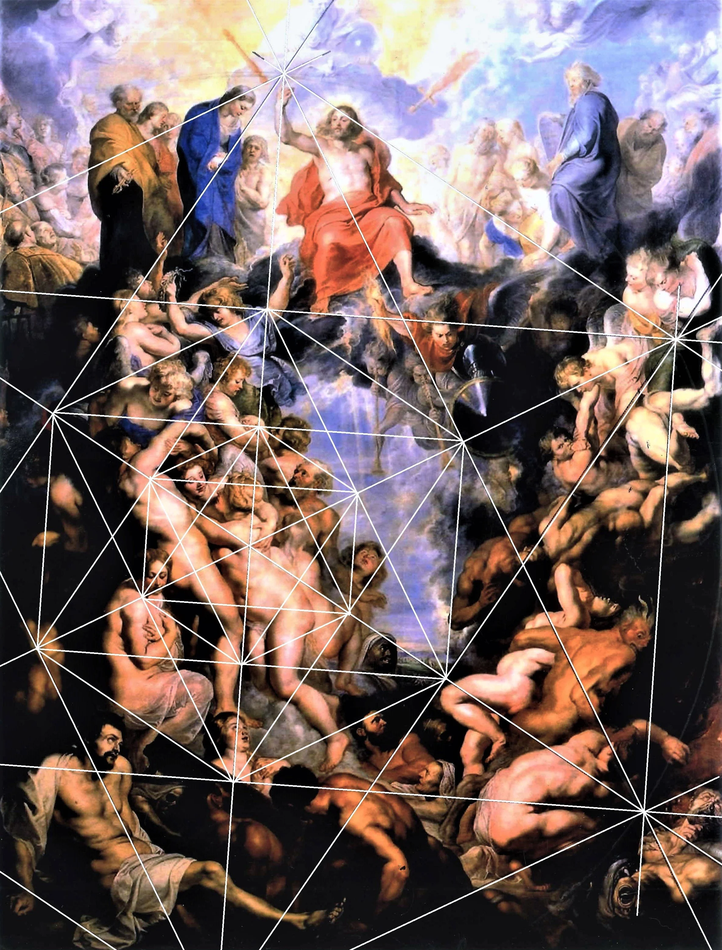 A classical religious painting depicting the Last Judgment with Jesus Christ in a red robe at the center, surrounded by angels and saints. Beneath, numerous naked souls are shown in various states of suffering and salvation, with some ascending to heaven and others descending to hell. The scene is dramatic with a cloud-filled sky in the background.