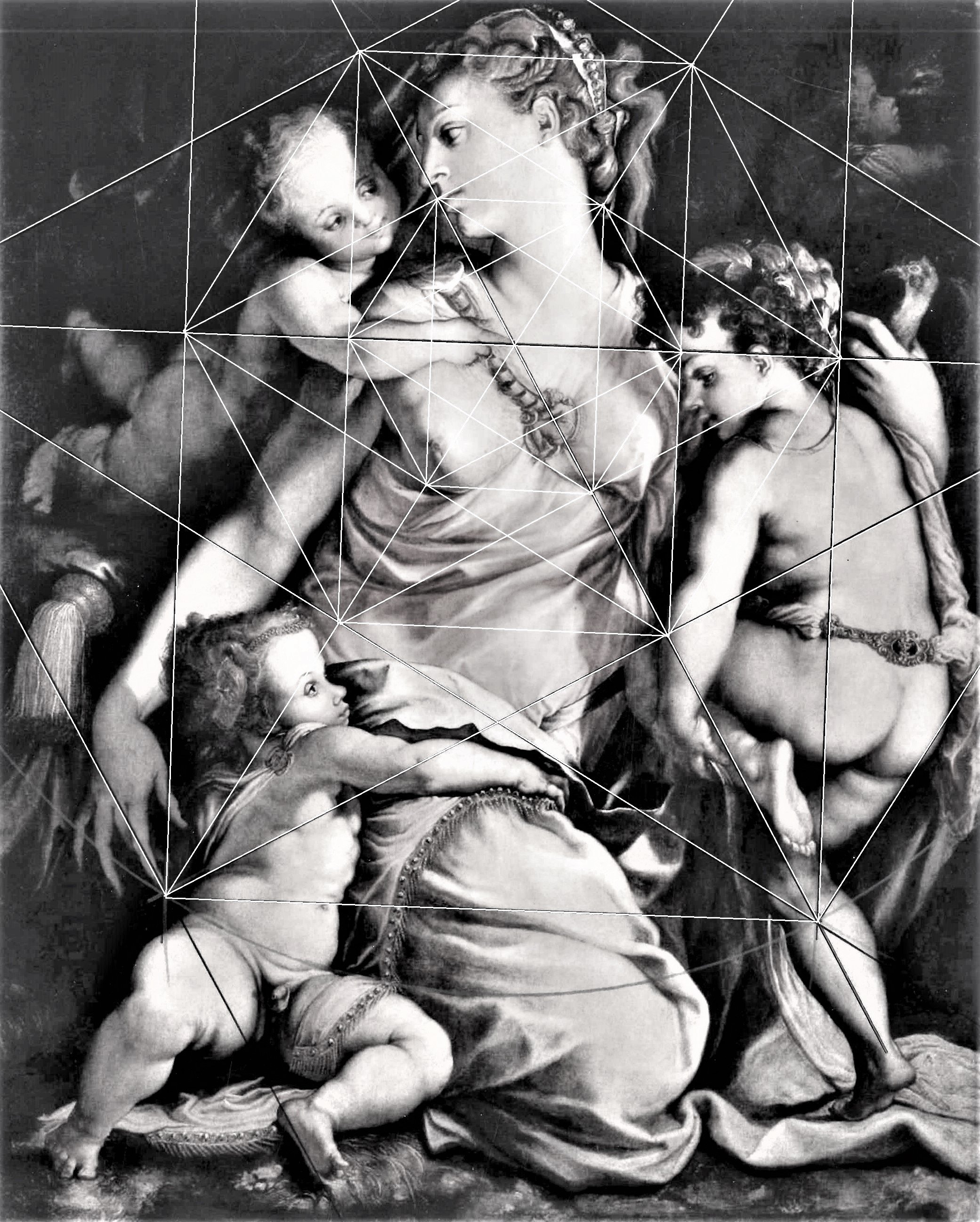Black and white classical painting of a woman surrounded by children, with lines overlaying the image.