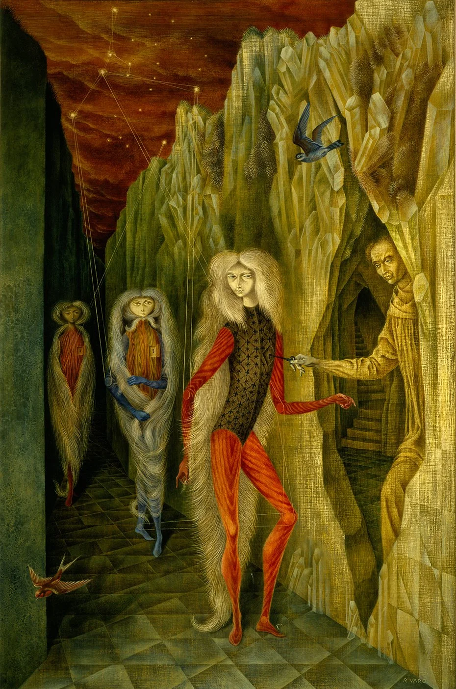 Surreal painting of four elongated humanoid figures with long hair, walking down a dark corridor with green walls, while a man paints on a rocky wall. The background features a dark sky with constellations and flying birds.