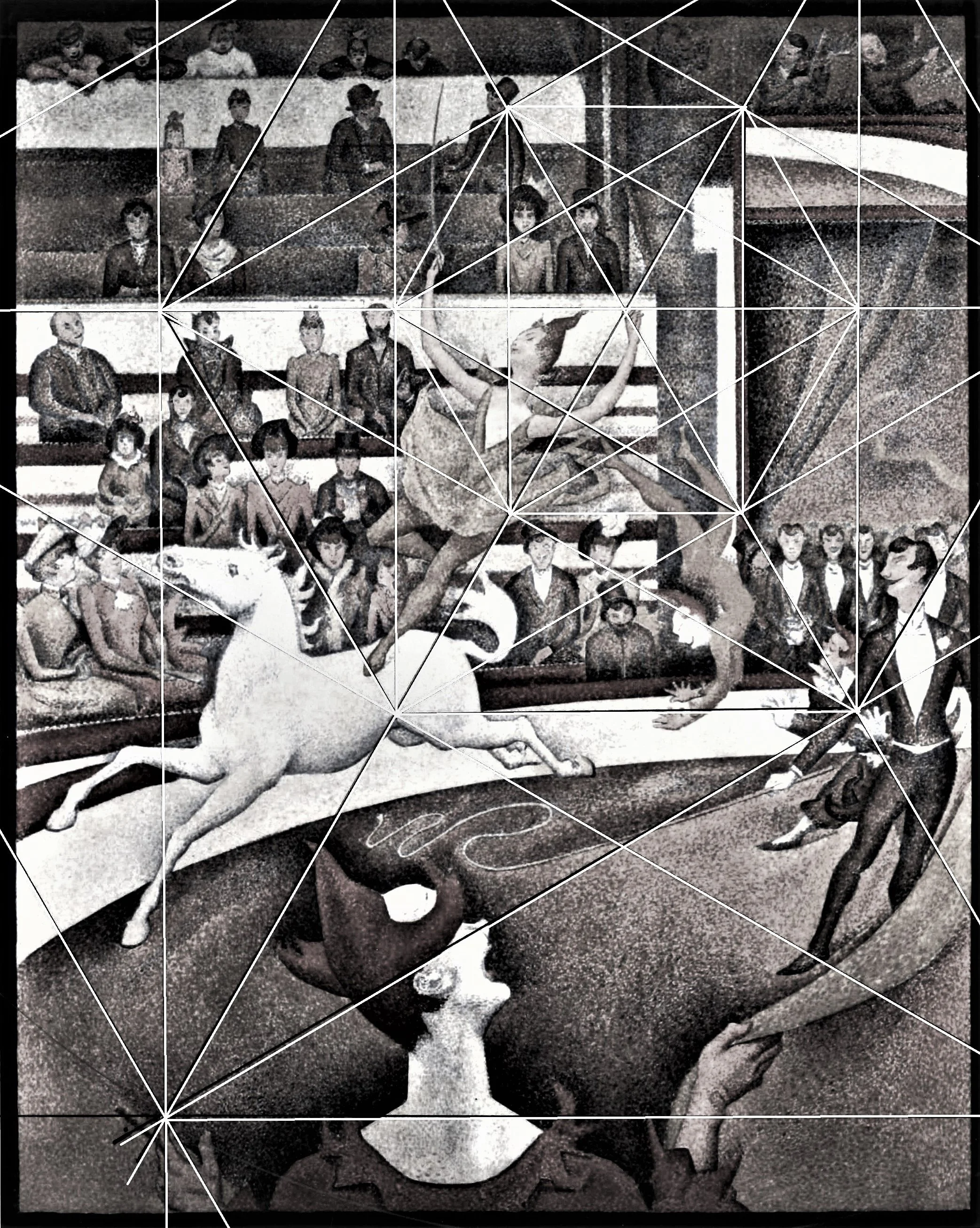 A vintage black and white illustration of a circus or carnival scene featuring a woman performing an acrobatic act on a horse, surrounded by an audience of men, women, and children in a theater setting.