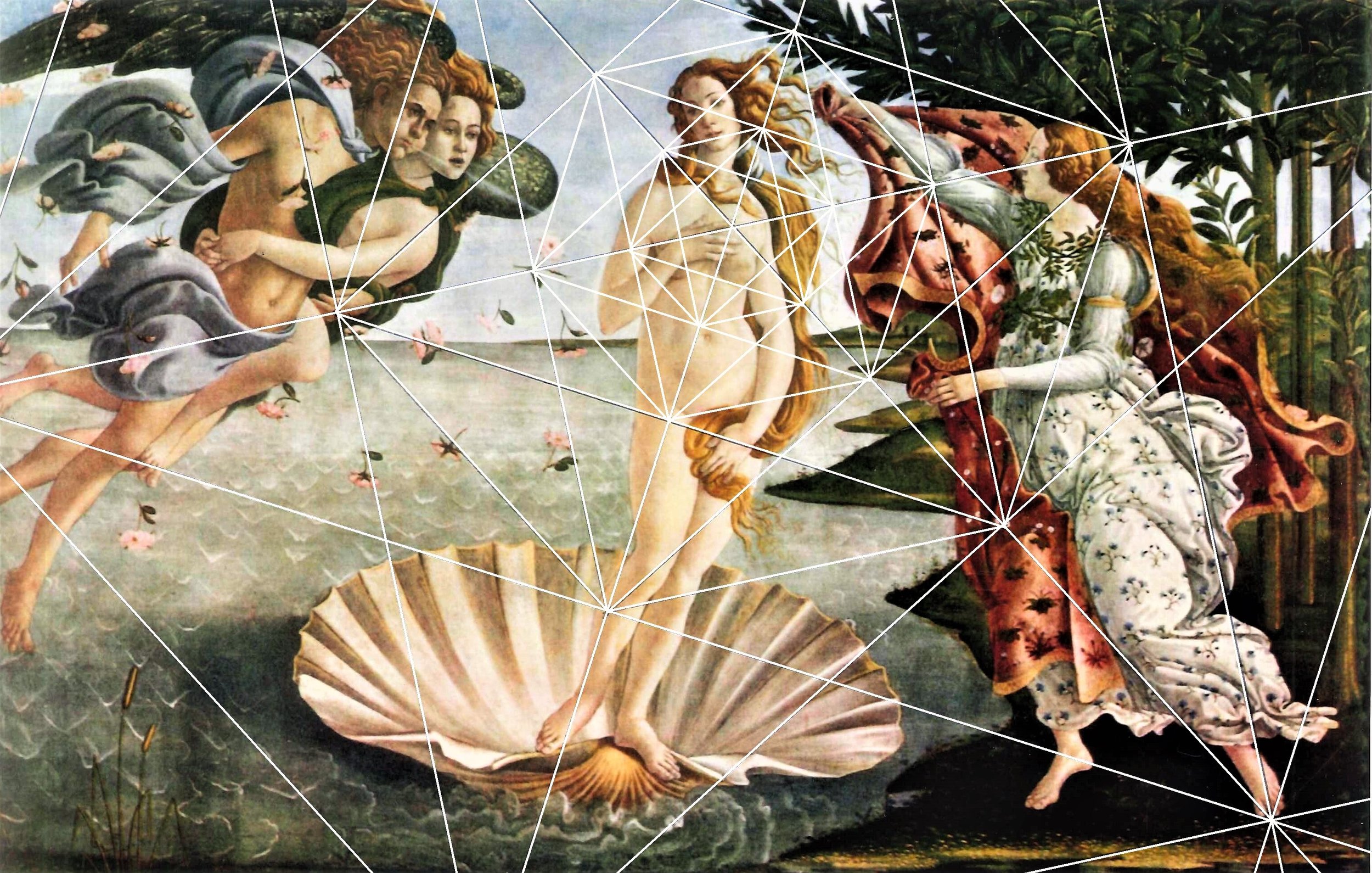 The image depicts a classical painting of the biblical scene of the baptism of Jesus, with Jesus standing in a large shell-shaped basin, a woman pouring water over his head, with angels and a dove representing the Holy Spirit nearby, and lush trees in the background.