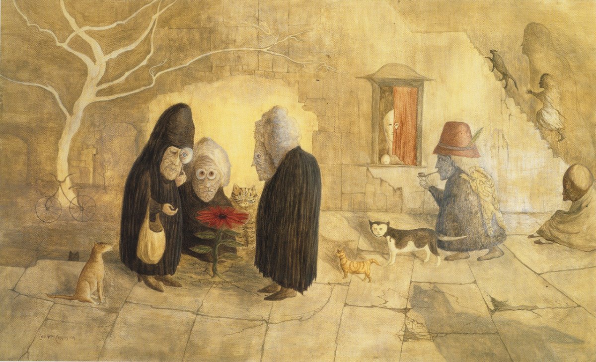 Surreal painting of three old men with distorted faces, a woman with long black hair, a cat, and two small dogs, with strange figures and architecture in the background.
