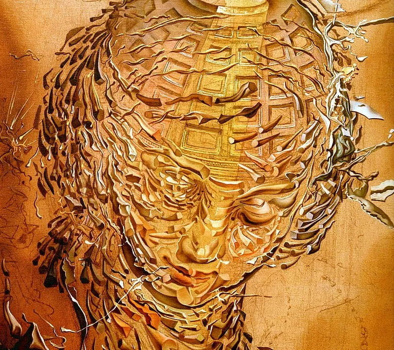 A detailed wooden sculpture of a woman's face with closed eyes and long hair, surrounded by intricate carved patterns.