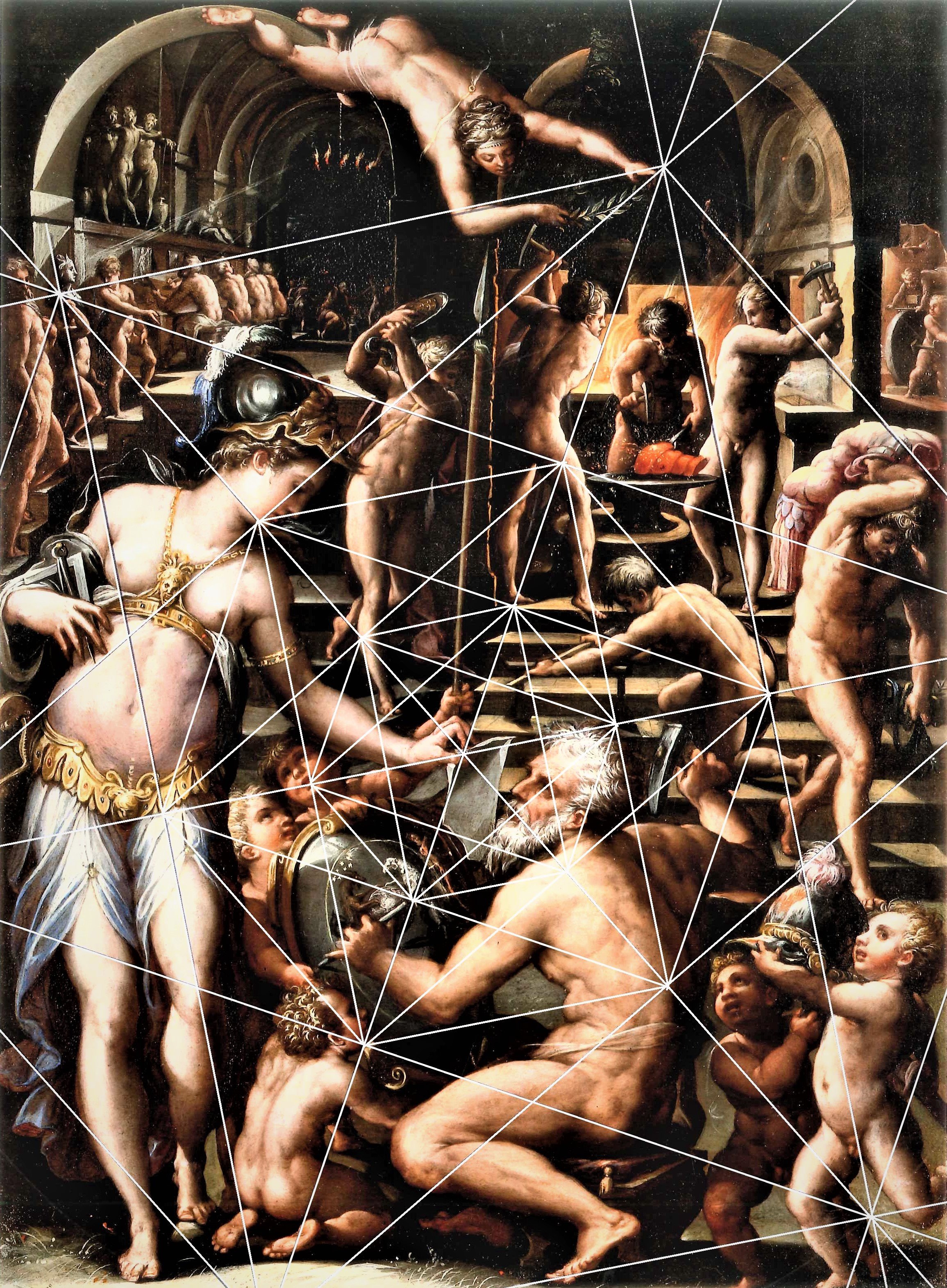 The image depicts a detailed classical painting with numerous figures, including mythological or historical characters, engaging in various activities. There is a focus on a dynamic scene with figures in motion, some holding shields and weapons, suggesting a scene of conflict or storytelling from ancient times.