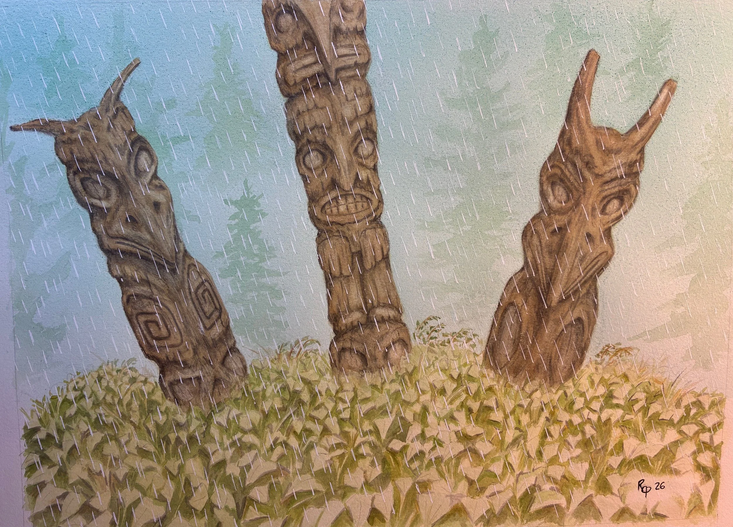 Misty Totems - Ink & Watercolor