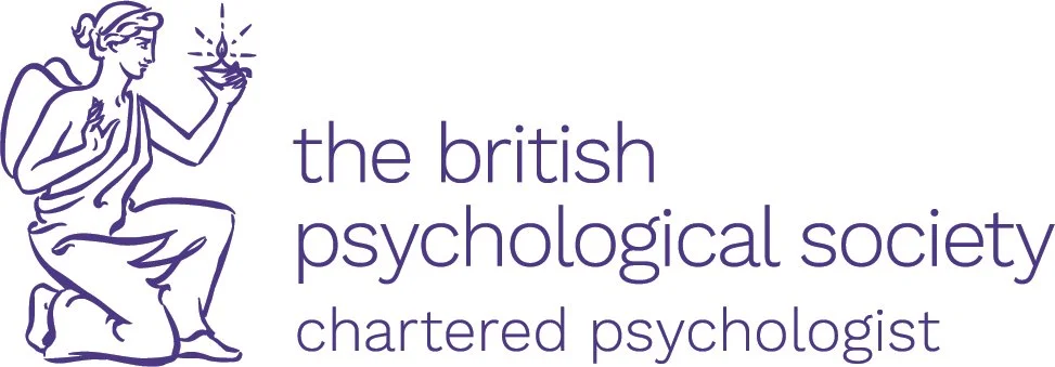 Logo of the British Psychological Society featuring a line drawing of a seated woman holding a flame