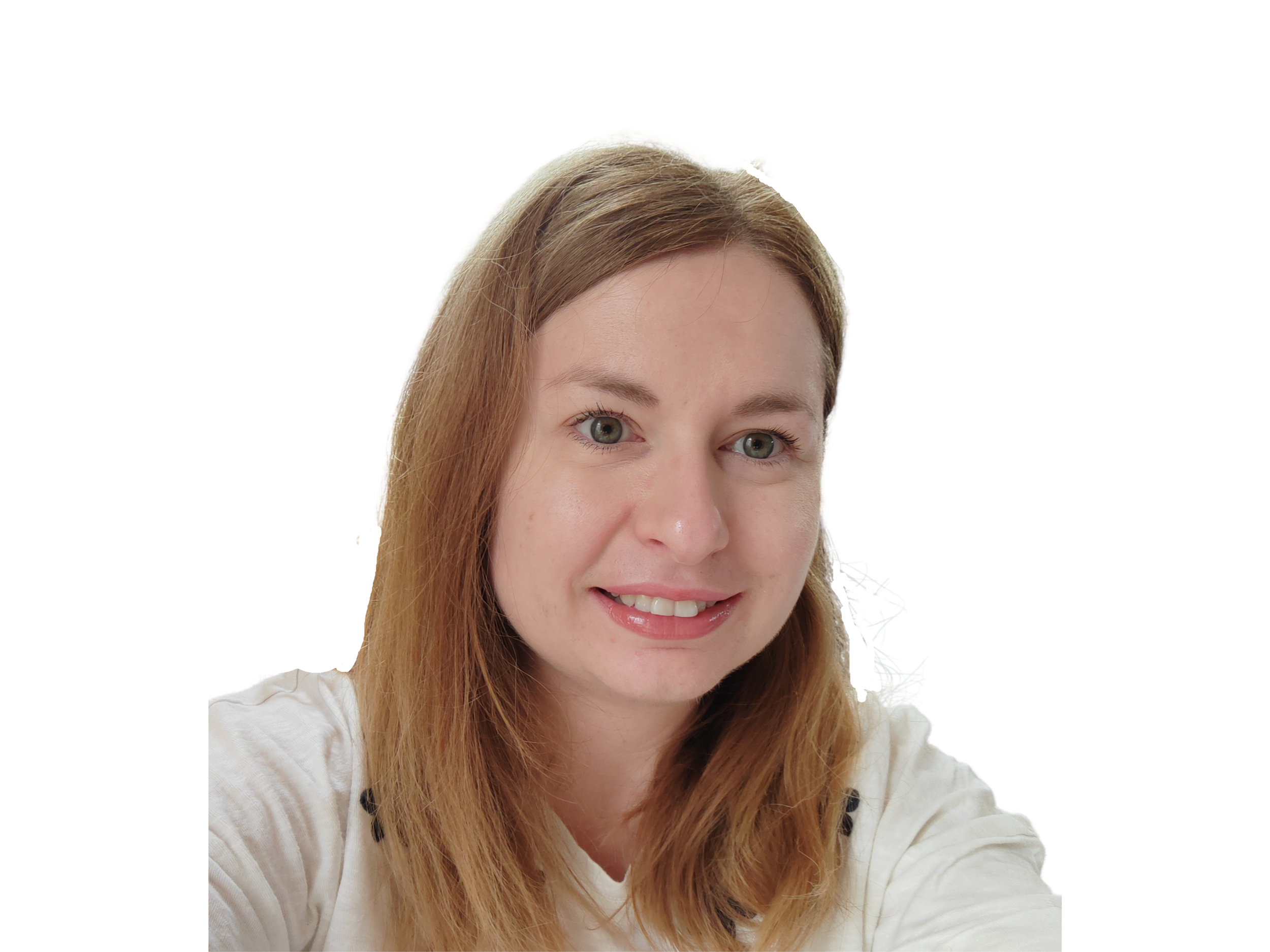 A young woman with long reddish-brown hair smiling at the camera, wearing a white top, against a white background.
