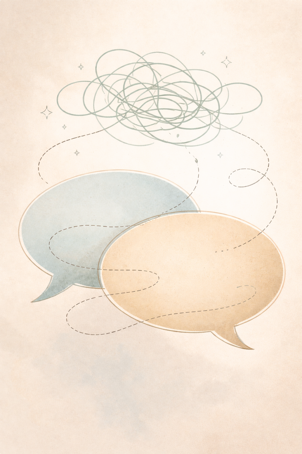 Two speech bubbles, one blue and one orange, with dashed lines and a scribbled cloud above them on a textured beige background.