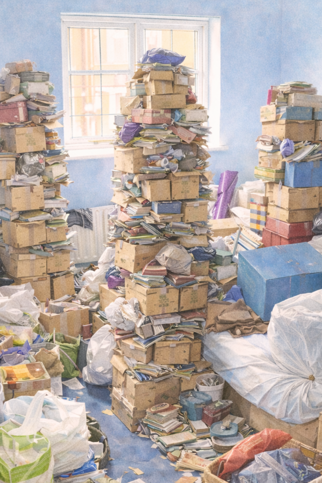Room filled with stacks of books, papers, and boxes, with a window in the background.