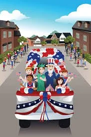 A parade with a float decorated in red, white, and blue patriotic colors, featuring children dressed as Uncle Sam, marching down a street lined with spectators, under a partly cloudy sky.