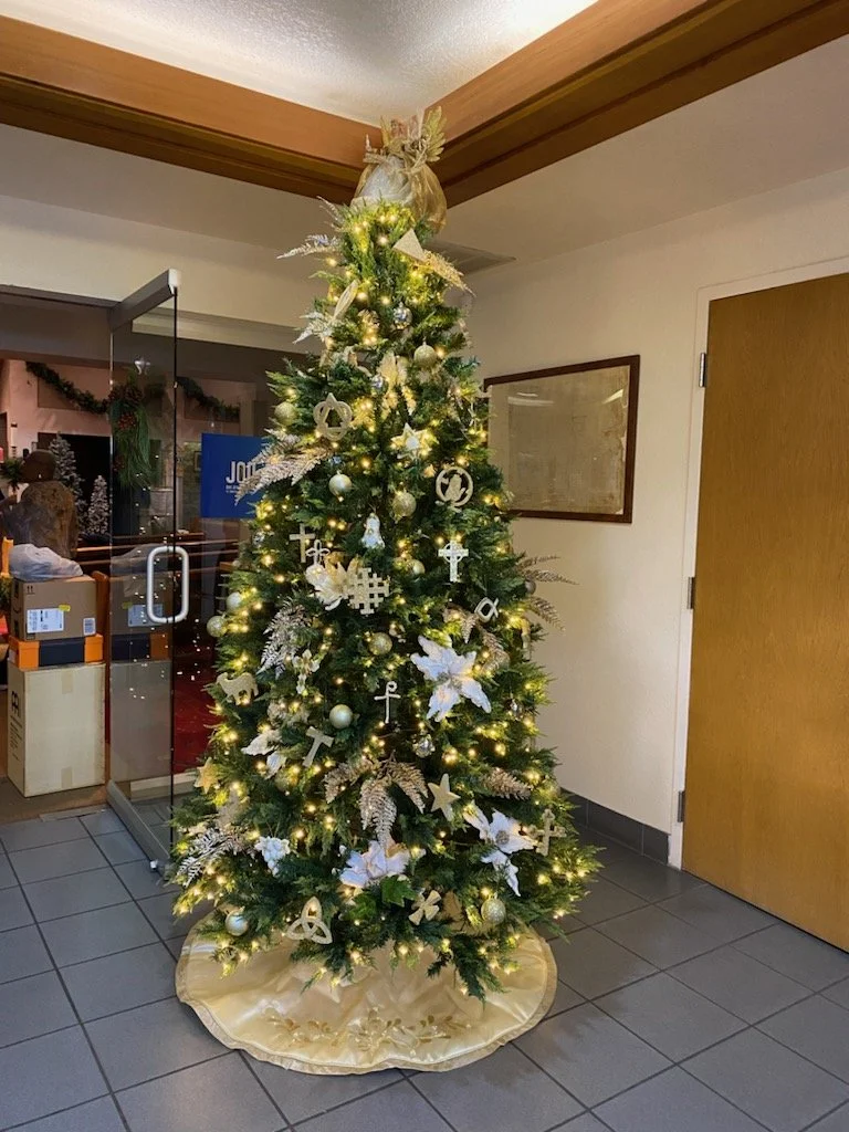 Decorated Christmas tree with white ornaments, gold ribbons, and warm white lights inside a house.