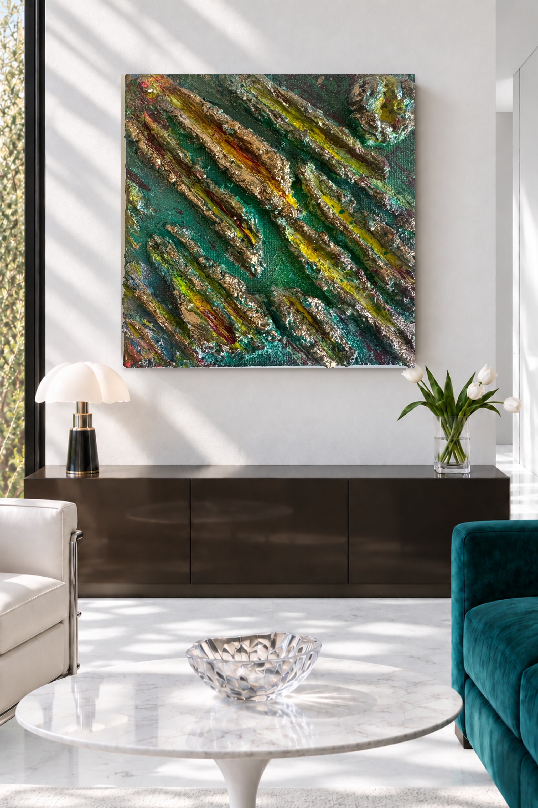 Naïah green and bronze sculptural wall relief in a light-filled luxury interior with white marble and modernist seating.