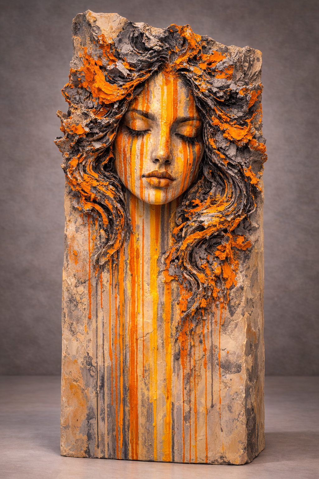 Sculpture représentant une femme avec un visage en pierre, des détails floraux et des cheveux en relief, ornée de couleurs orange et gris, avec des coulées de peinture orange et jaune descendant le long du socle.