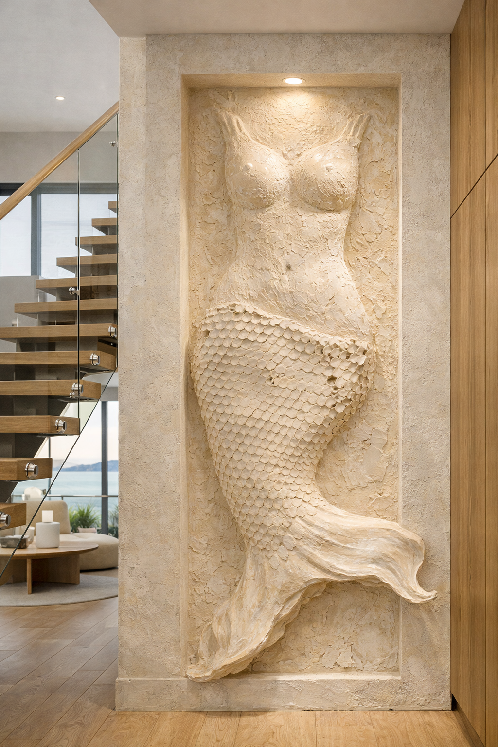 Relief en pierre représentant une sirène, avec le haut de la poitrine d'une femme et la queue de poisson recouverte d'écailles, intégrée dans un mur intérieur.