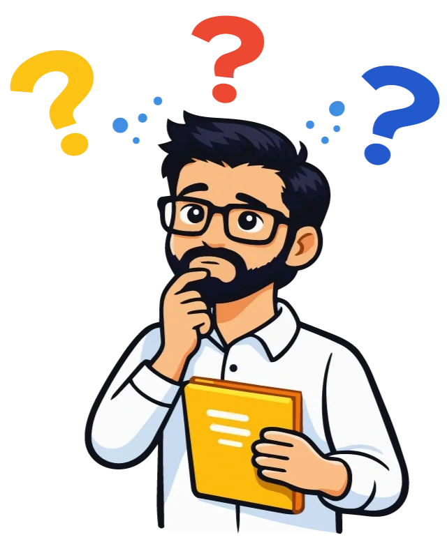 Traductor pensativo rodeado de signos de interrogación para Preguntas Frecuentes, MJC Translate.