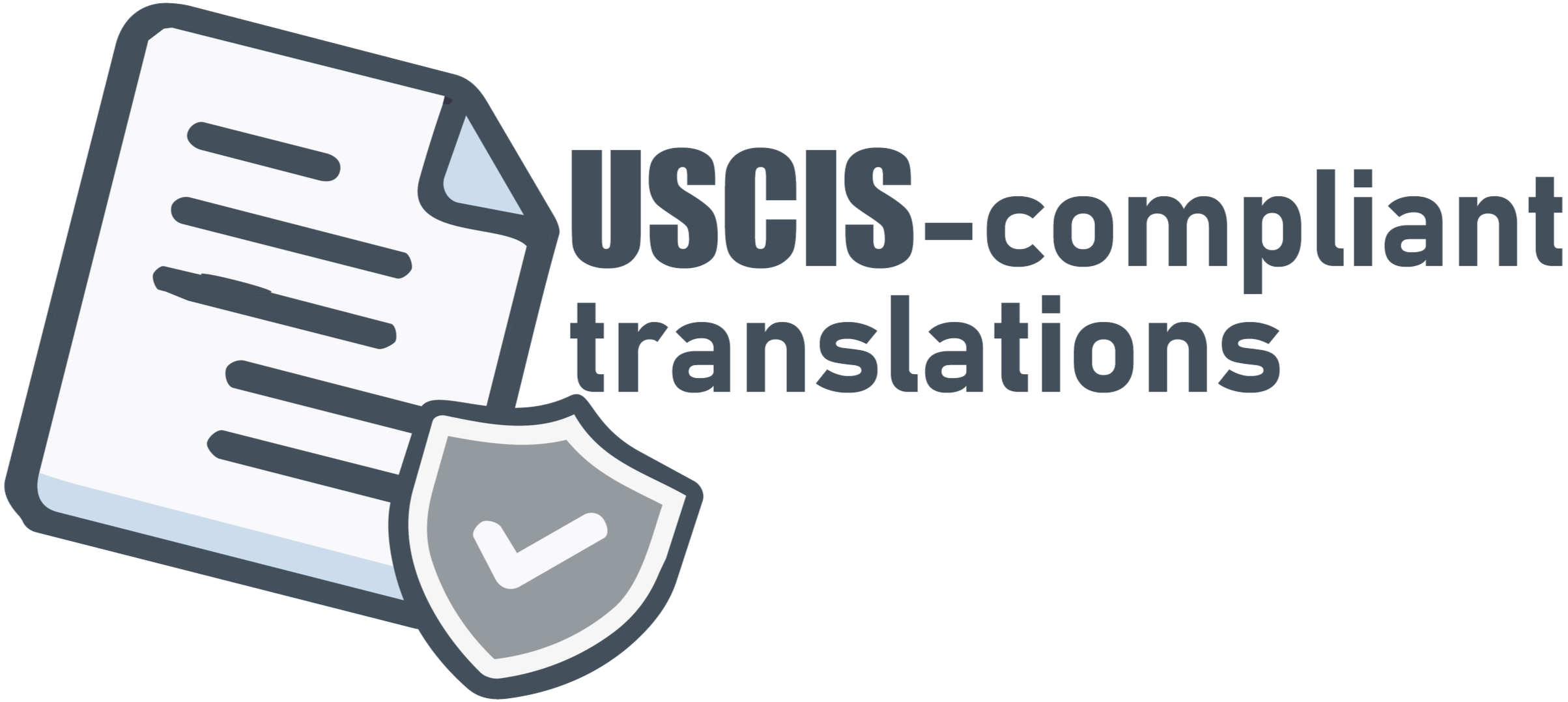 Logotipo de un servicio de traducciones llamado "USIS-complaint translations" con un icono de un documento y un escudo de verificación.