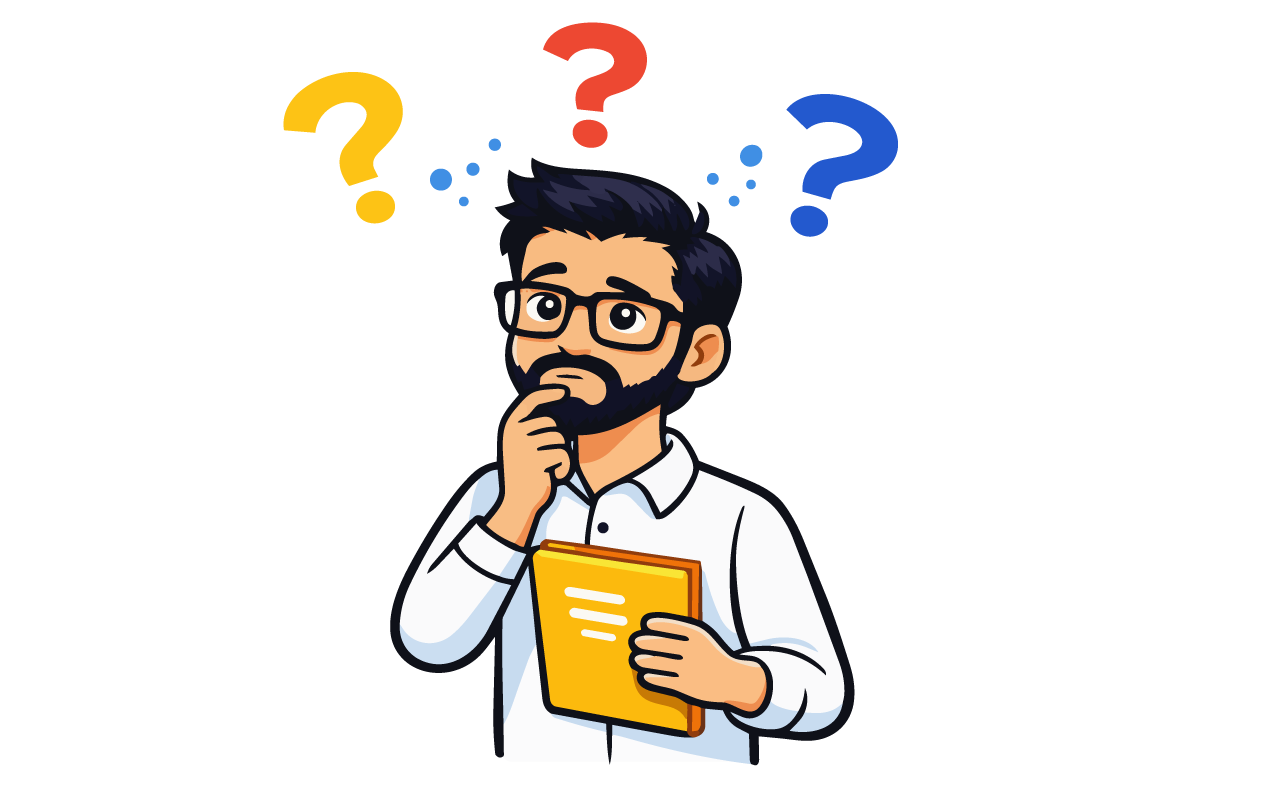 A cartoon man with glasses and a beard holding a yellow folder, with a puzzled expression, surrounded by three question marks in yellow, red, and blue.