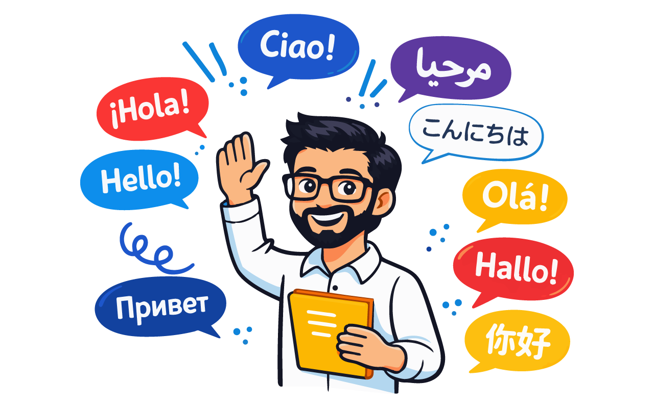 Friendly translator greeting with multilingual speech bubbles, MJC Translate.