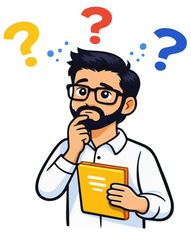 Thoughtful translator surrounded by question marks for FAQ, MJC Translate.