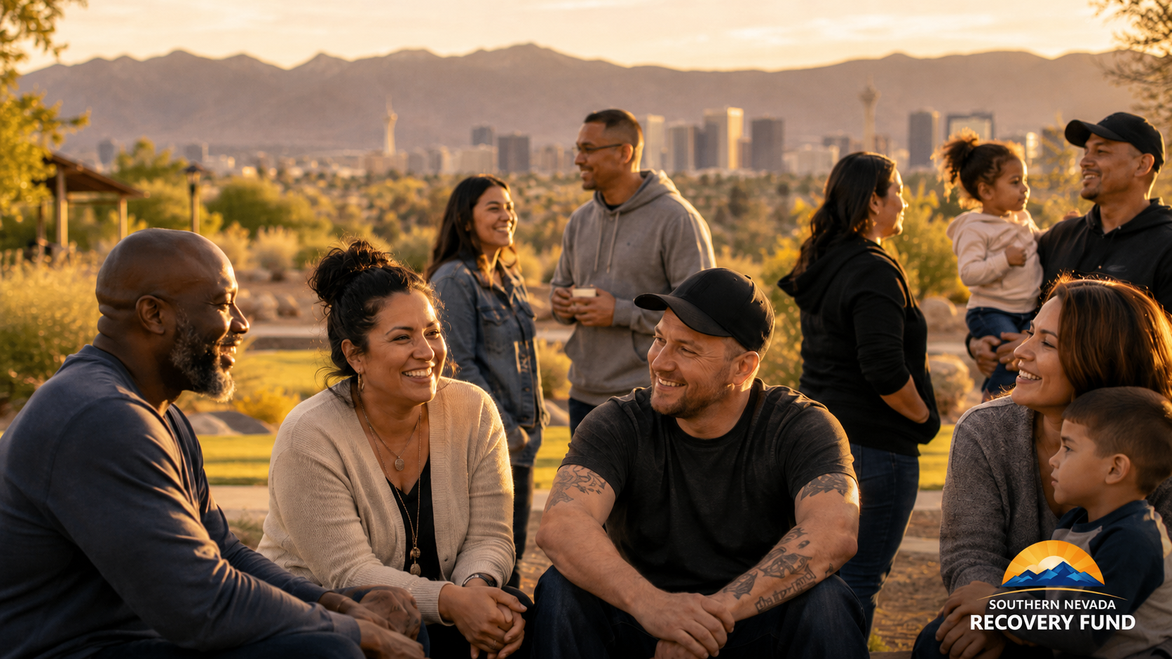 Community gathering at sunset with Las Vegas skyline and mountains in the background