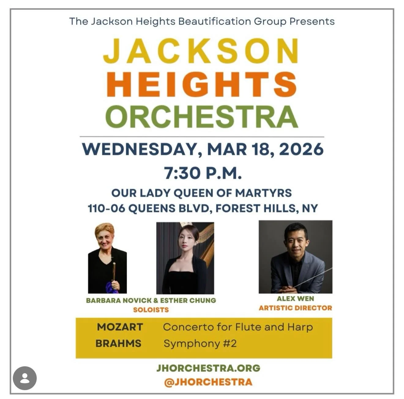 🎻 Music nearby this week!

Our friends at the Jackson Heights Orchestra perform Wednesday, March 18 at 7:30 PM in Forest Hills, conducted by @alexwn and featuring guest soloists Barbara Novick and Esther Chung.

📍 Our Lady Queen of Martyrs Church
1