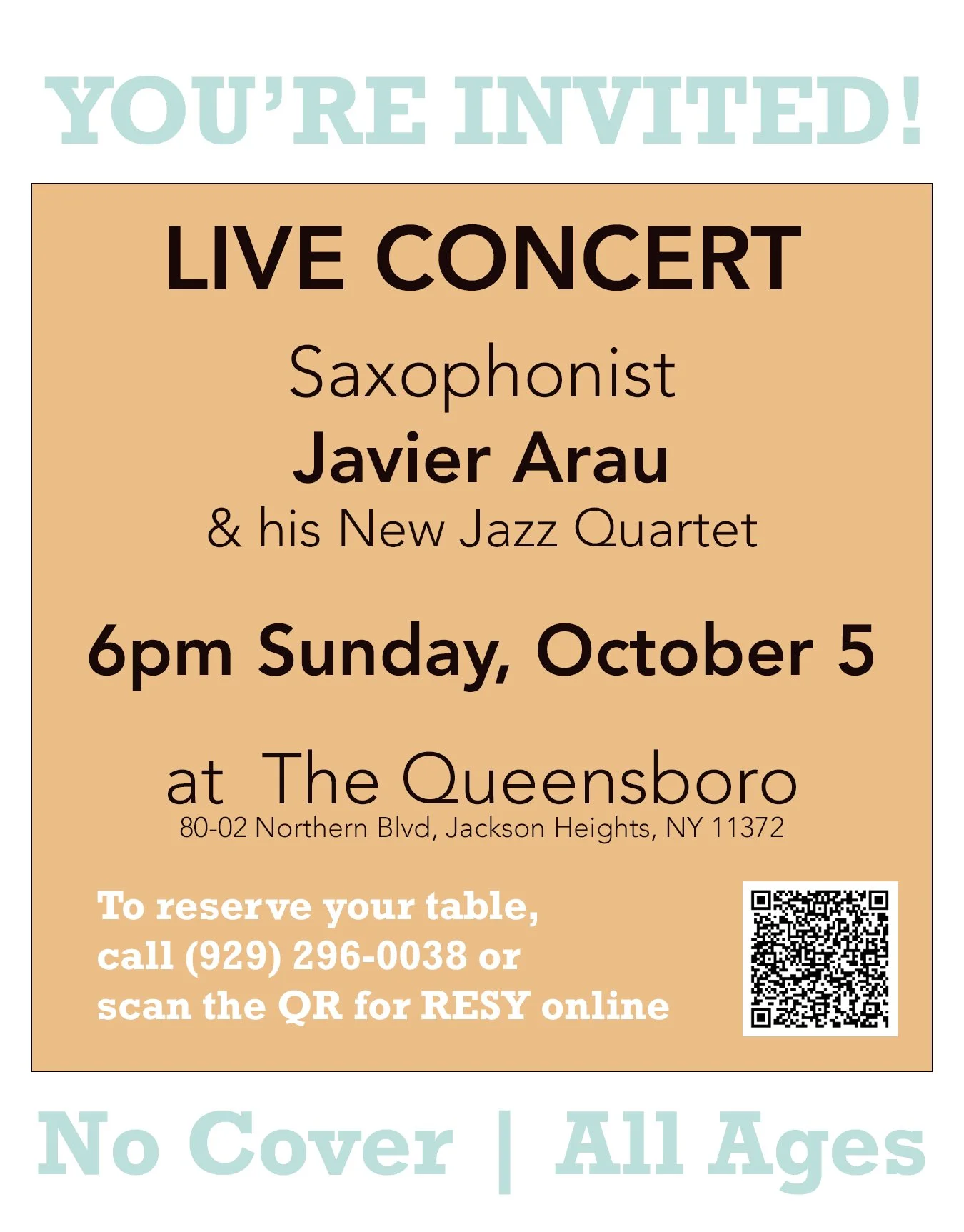 🎷 One week away!
Join us next Sunday, October 5 at 6pm, for the final concert of the Summer Sundays Plus series &mdash; featuring the Javier Arau New Jazz Quartet, live at The Queensboro!
Expect world-class jazz, soulful improvisation, and the warmt